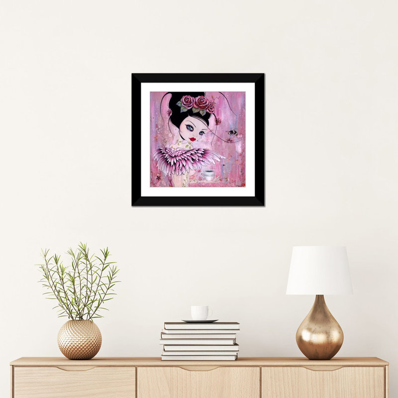 «Coffee Angel», reproduction d'art sur toile tendue, H 16 po x l 16 po x P 1 po, Papier avec cadre noir, Blanc