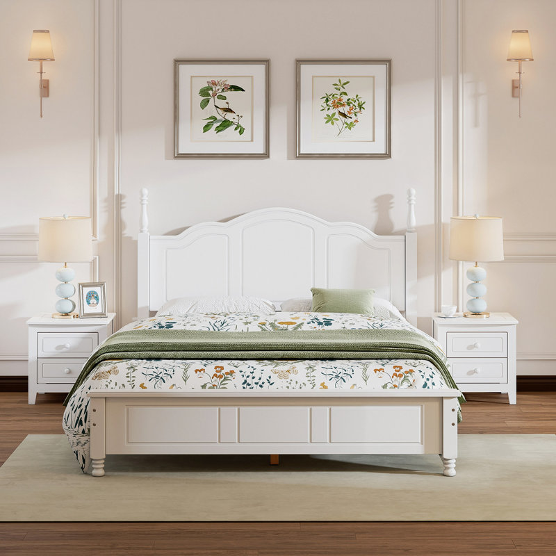 Lit moderne, ensembles de chambre à coucher 3 pièces, lit plateforme en bois et deux tables de chevet - blanc