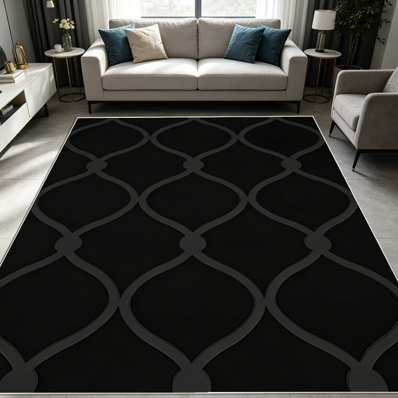 1PC Black Geometric Trellis Wave Pattern area rugs for Living Room, Soft and Comfortable, Suitable for all seasons, easy-to-maintain, machine washable Indoor floor mat, Under Table Farmhouse suitable for entryway, bedroom, dining room, home office,