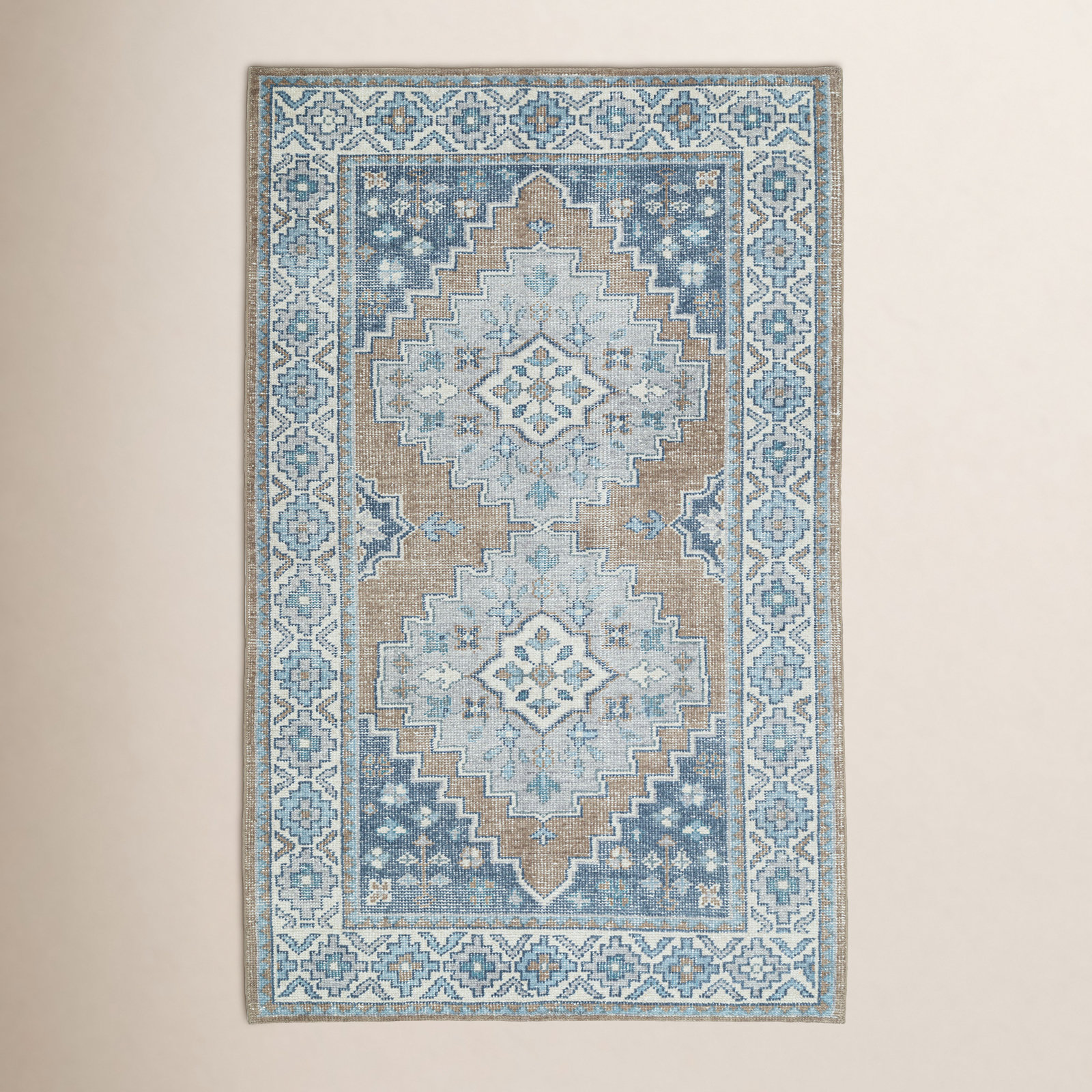 Beige Blue Hand-Woven Oriental Rug, Rectangle 5' x 8'