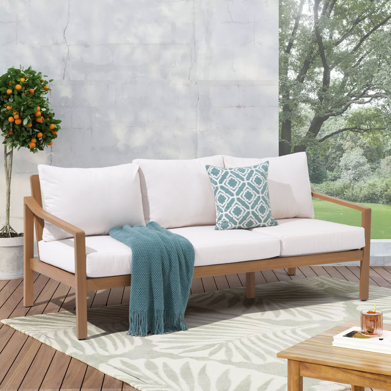 Solid Wood Patio Sofa with Cushions, Cream