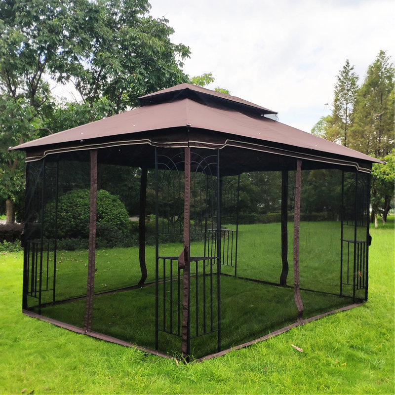 Pavillon de jardin 13 x 10 avec matériau résistant aux rayons du soleil et moustiquaire ventilé brun