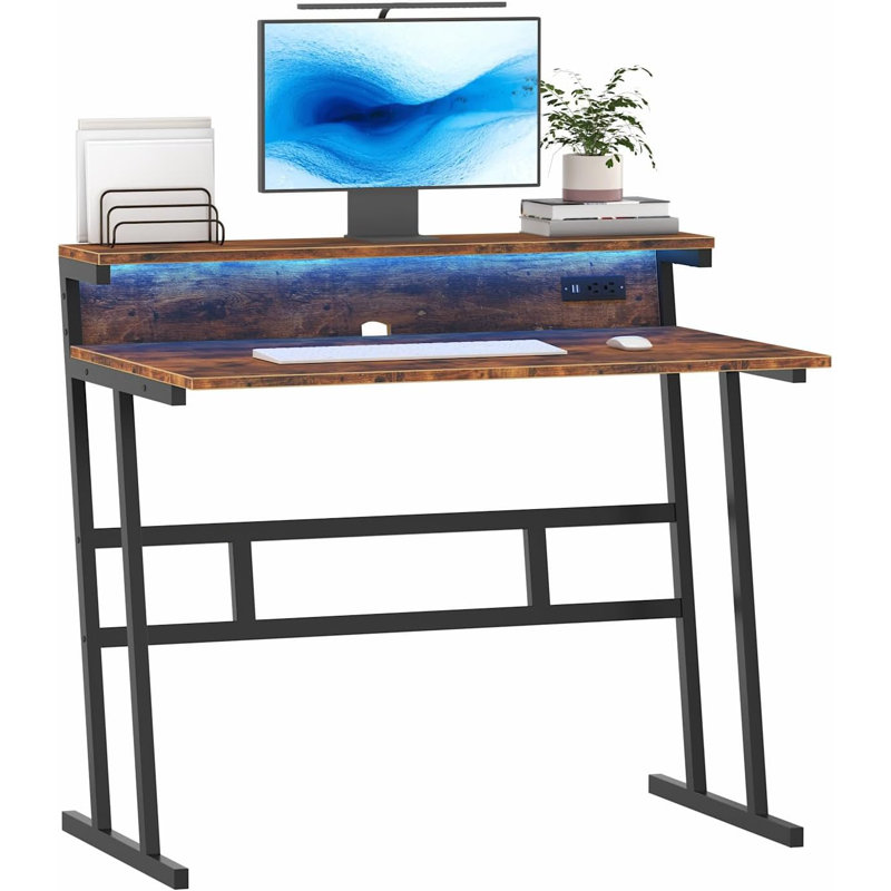 Small Computer Desk,Computer Desk with Power Outlets & Led Light,Home Office Desk with Monitor Shelf,, Brown