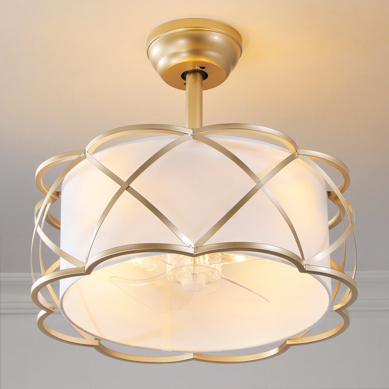 19" Modern Caged Ceiling Fan with Fabric Shades, Light Kit and Remote Control, Gold