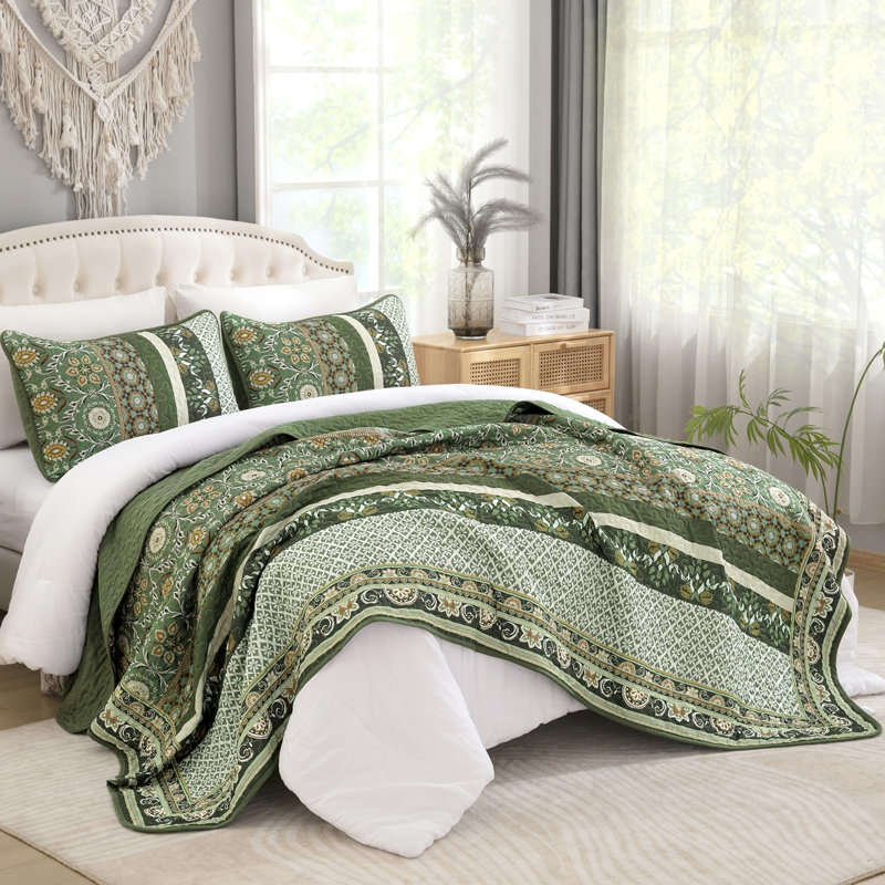Ensemble de courtepointe 3 pièces Boho Farmhouse Patchwork, Courtepointe pour lit grand + deux taies décorati, Olive Green