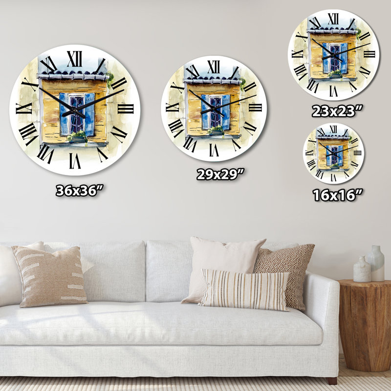 Fenêtre bleue dans une maison rustique - horloge murale rétro, Petit