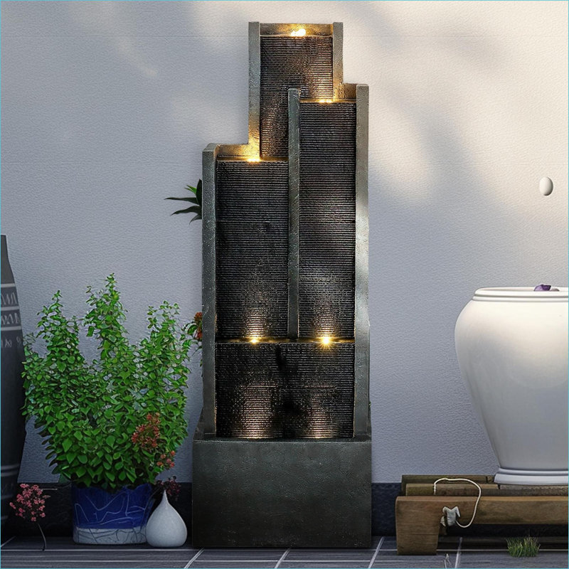Fountains 4-Tier 50.7" LED Waterfall Fountain for Garden Patio Indoor Outdoor Decor | Slate Gray | Resin