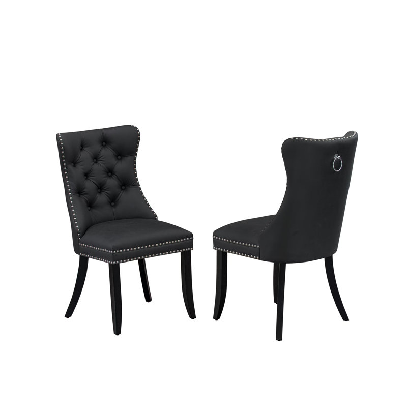 Chaises de salle à manger Dallas Parsons, dossier capitonné avec garniture cloutée, chaises en tissu de polyester gris foncé, ensemble de 2, noir brossé