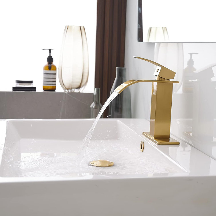 Brushed Gold Bathroom Faucet Modern Waterfall Single Hole Faucet for Bathroom Sink Single Handle with Pop Up Drain with Overflow Assembly and Supply Line Lavatory Bath Faucet