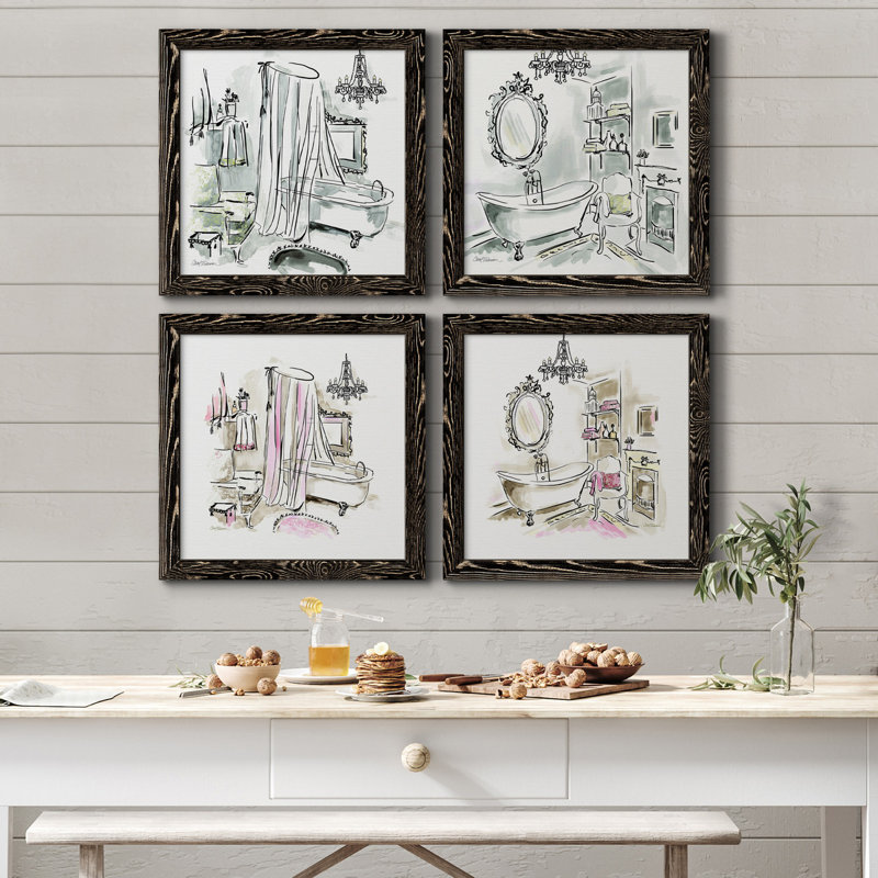 «Opulent Bath I», ensemble de 4 peintures sur toile encadrées, Toile encadrée noire, H 27,5 po x l 110 po x P 1,5 po