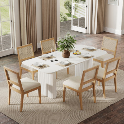 Ensemble de table de salle à manger rectangulaire en bois pour 4-6, table de ferme de style Mid-Century et chaises avec chaise en rotin de lin pour la salle à manger, appartement