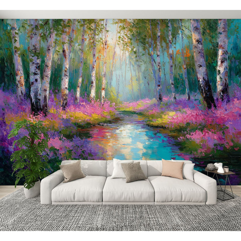 Papier peint auto-adhésif Birch Forest Stream, L 144 po x l 100 po