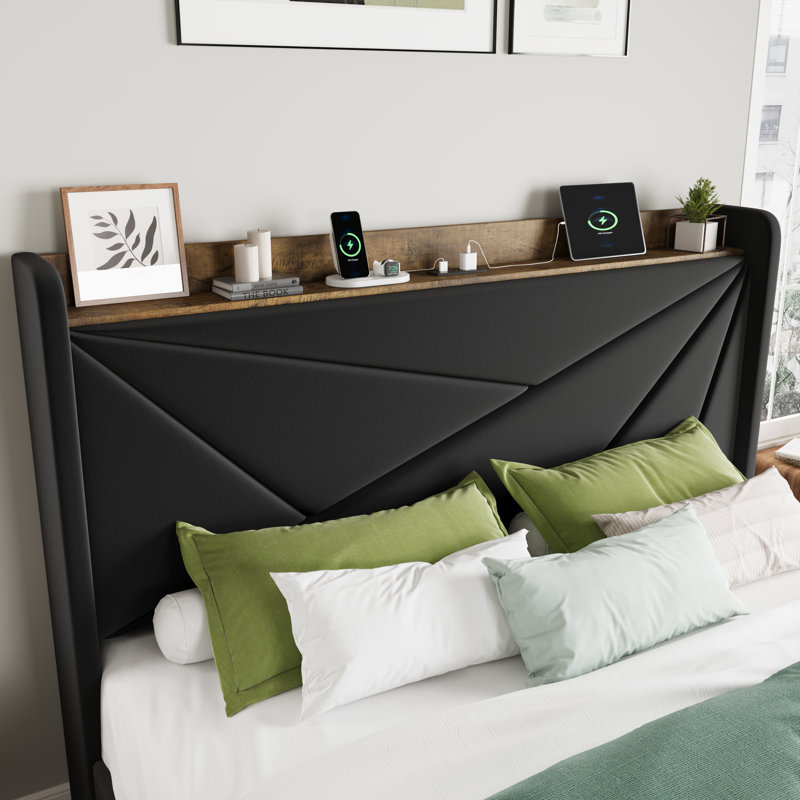 Modern Upholstered Bed With Charging Station & Storage Drawers, Velvet Wingback Headboard,Queen/Full/King Size, Black, Queen
