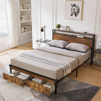 Base de lit plateforme en métal avec tête et pied de lit en bois, lit de rangement avec port USB, station de charge, 2 tiroirs