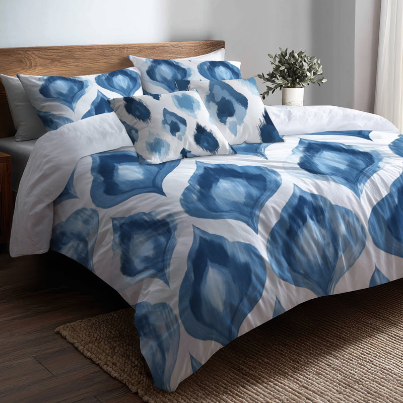 Ensemble de literie moderne 5 pièces - Ensemble de housse de couette et coussin décoratif scandinave bleu et blanc