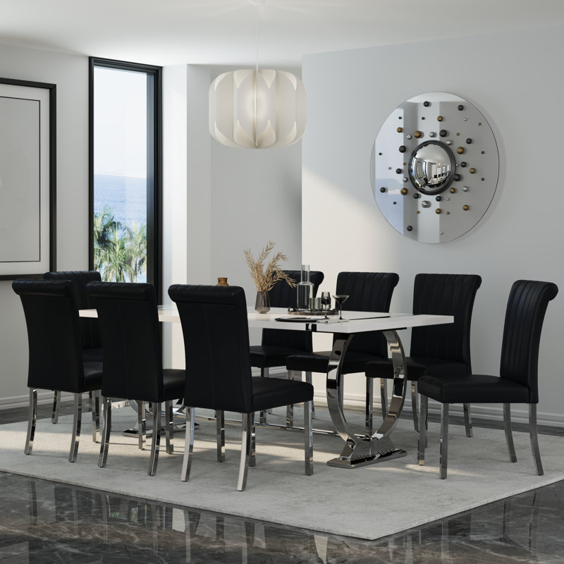 Ensemble de table de salle à manger 9 pièces moderne en chrome argenté avec 8 chaises en cuir noir et argent, Noir