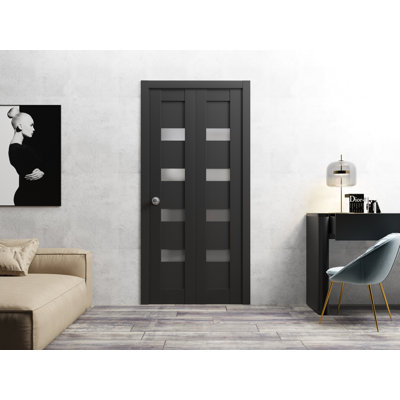 Sliding Closet Bi-fold Doors | Quadro 4113 Matte Black with Mirror | Sturdy Tracks Moldings Trims Hardware Set