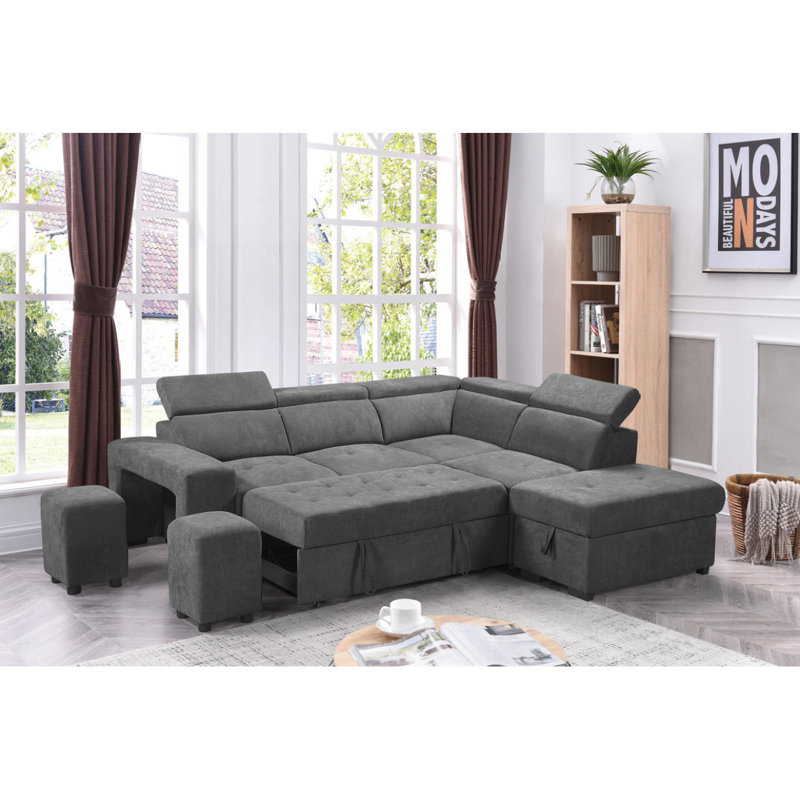 Canapé-lit modulaire moderne de 97 po avec repose-pieds et 2 tabourets Henrik, Tissu gris pâle
