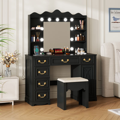 Manufactured Wood Makeup Vanity Set with LED Mirror and Outlets