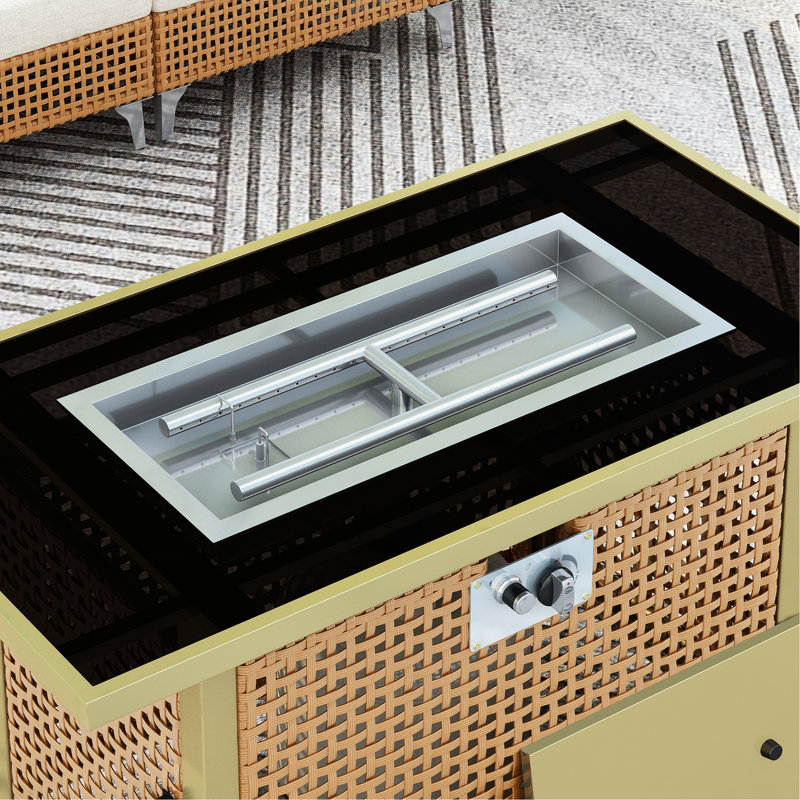Table de foyer d'extérieur au propane de 43 po avec pare-vent en verre, 60000, tissage ouvert rectangulaire pour la terrasse du patio - Table d'extérieur orange et jaune moutarde
