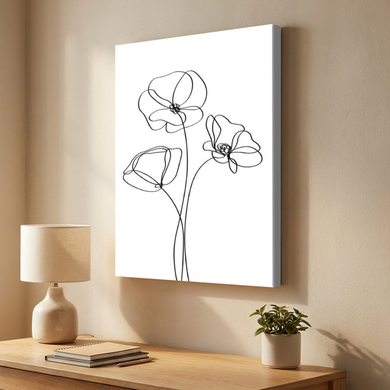 Trois fleurs avec tiges délicates, art mural sur toile - style minimaliste Peinture moderne, galerie profonde de 1 po, 24 po x 36 po