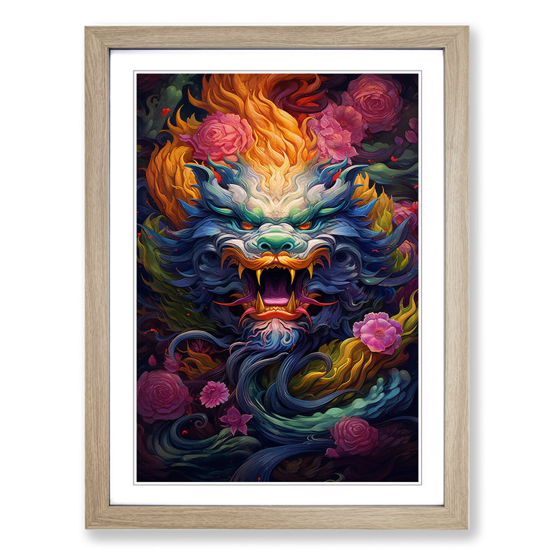 Chinese Dragon Colour Field - Single Picture Frame Print on Wood, 64cm H x 46cm W x 2cm D, Oak Framed