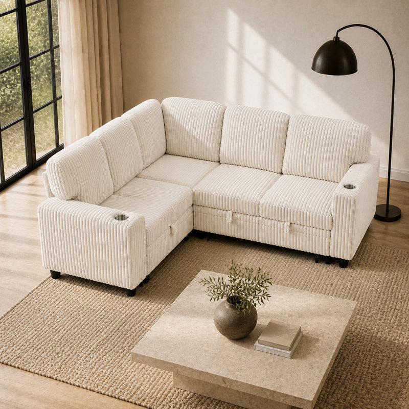 Canapé d'angle convertible 5 places en velours côtelé réversible avec rangement et port USB, beige, Beige