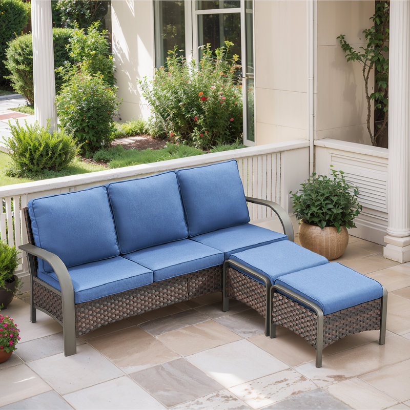 Bobra Patio Rattan Outdoor Wicker Sofa With Ottomans And Cushions, Blue