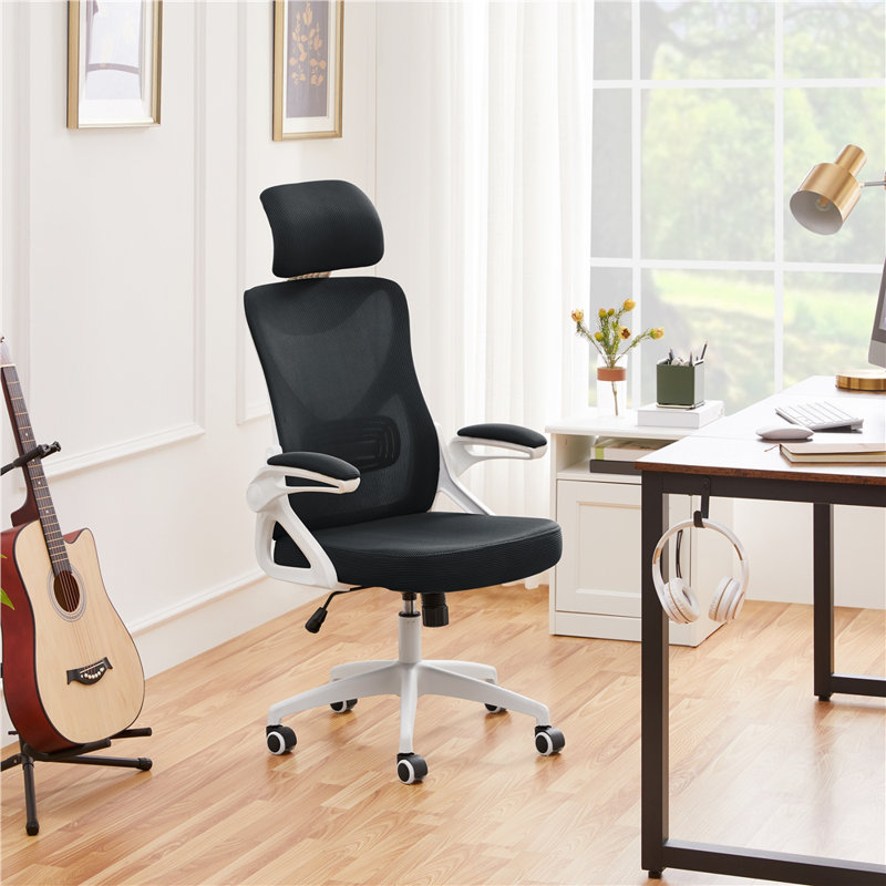 High Back Mesh Swivel Ergonomic Task Office Chair with Flip-Up Arms, White/Black