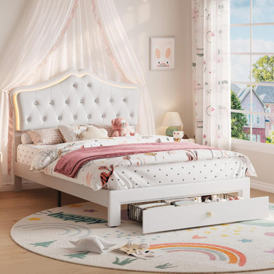 Bed Frame with LED Lights & Faux Leather Crystal Button Headboard, Upholstered Platform Bed with Storage Drawer, Noise-Free, No Box Spring