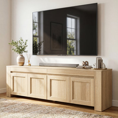 Meuble télé 70 po avec portes de rangement pour téléviseur de 80 po ou moins, meuble télé avec tablettes, console multimédia avec gestion des câbles pour le salon