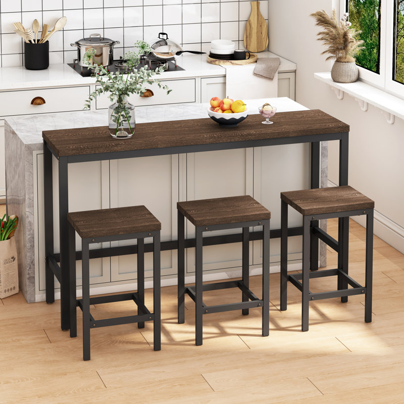 Table de salle à manger de cuisine moderne, table de pub, ensemble de table de salle à manger longue avec 3 tabourets, assemblage facile, brun foncé