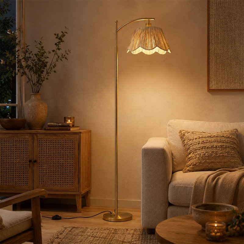 Lampe sur pied 67 po Boho Gold Boho Rattan Arc avec télécommande et ampoule à DEL à intensité variable incluse pour la lecture dans le salon