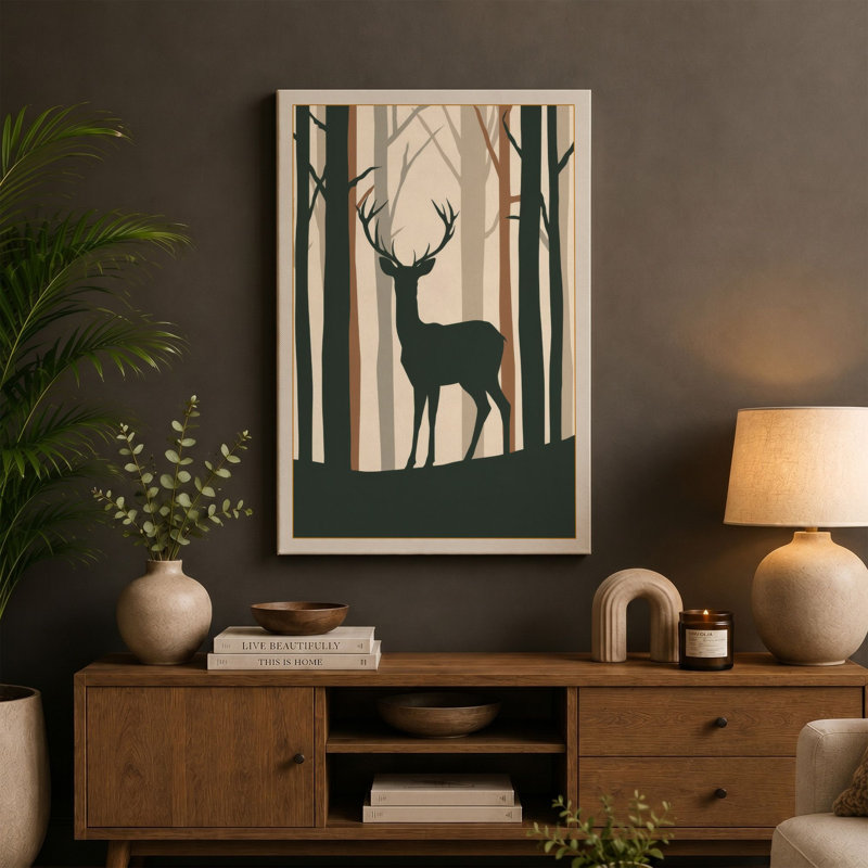 Deer in Forest Minimalist - Wrapped Canvas, 18x12 - 45.7 x 30.5 cm, Cream Border