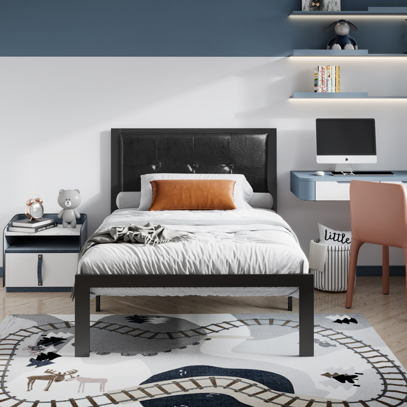 Naiomy Upholstered Metal Platform Bed, Black, Twin