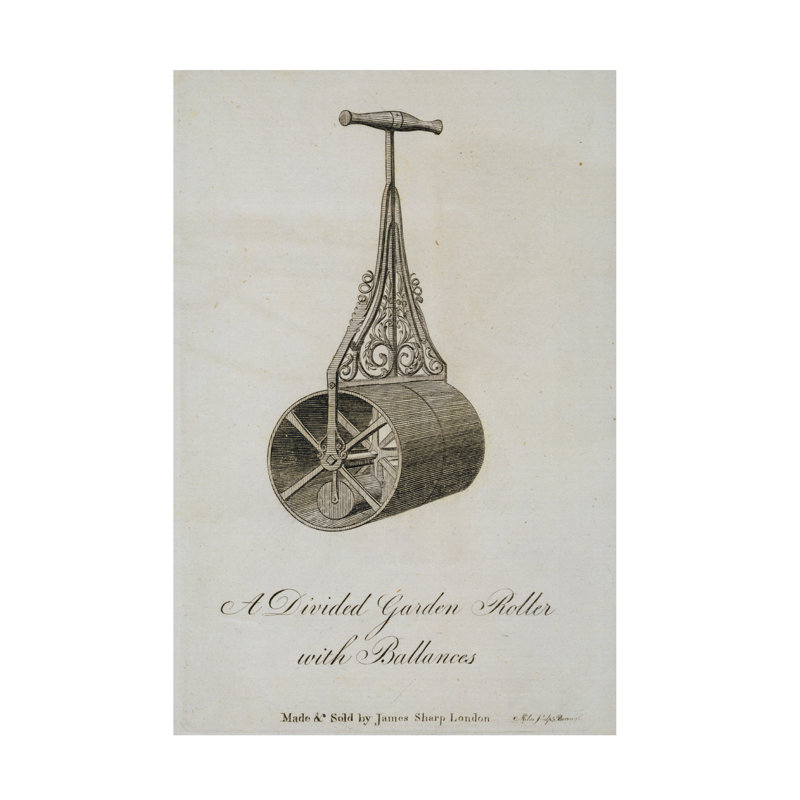Art sur toile, "Miles Garden Roller" avec baril divisé et balances, 1773, H 32 po x l 22 po