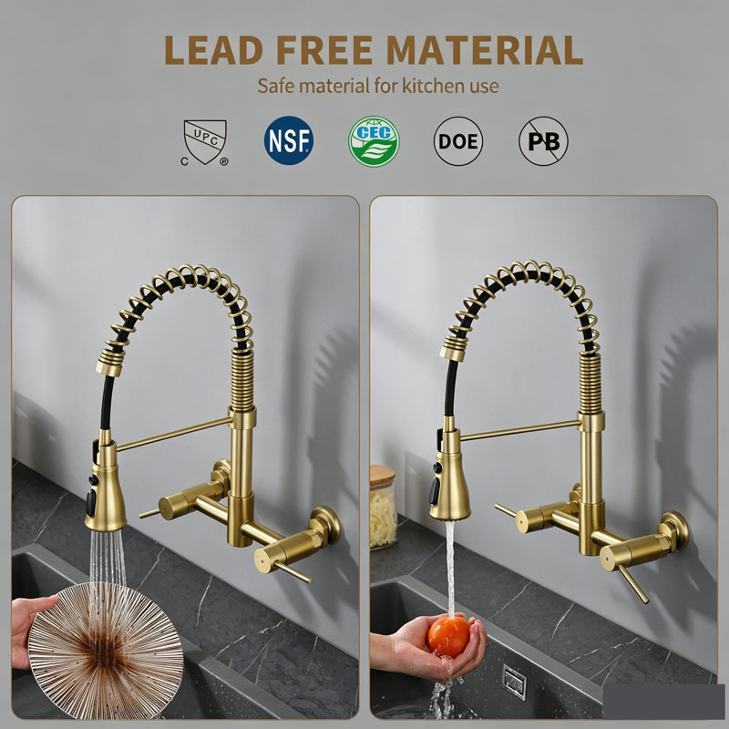 Brushed Gold 8 Inch Center Wall Mount Kitchen Faucet with  Transitional Bridge Kitchen Faucet with Pull-Down Sprayhead, Gold