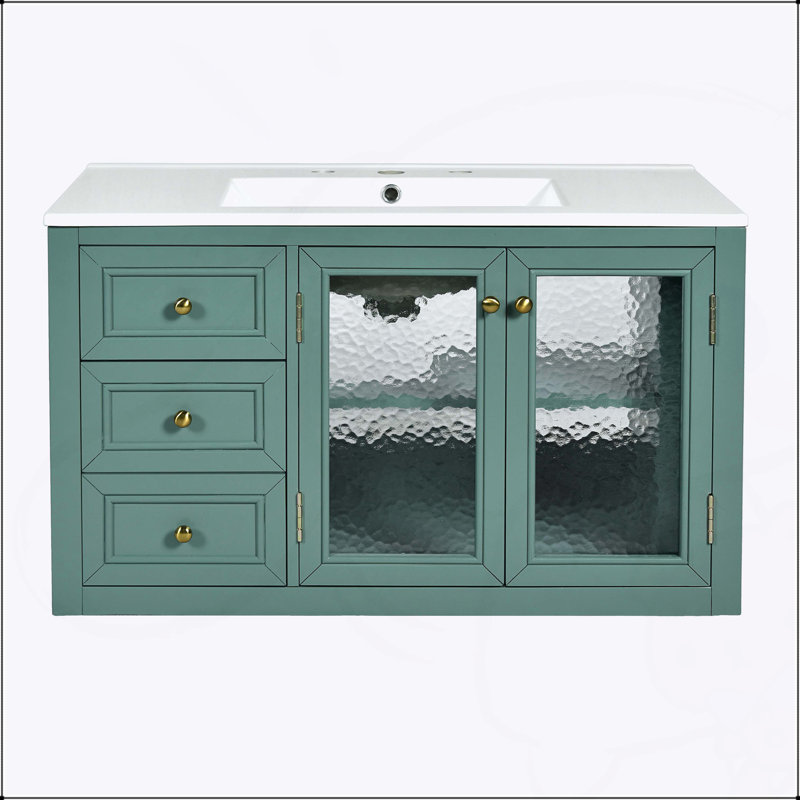 Meuble-lavabo mural 36 po avec lavabo en céramique, armoire de rangement flottante à 3 tiroirs, structure en bois massif et panneau de fibres à densité moyenne