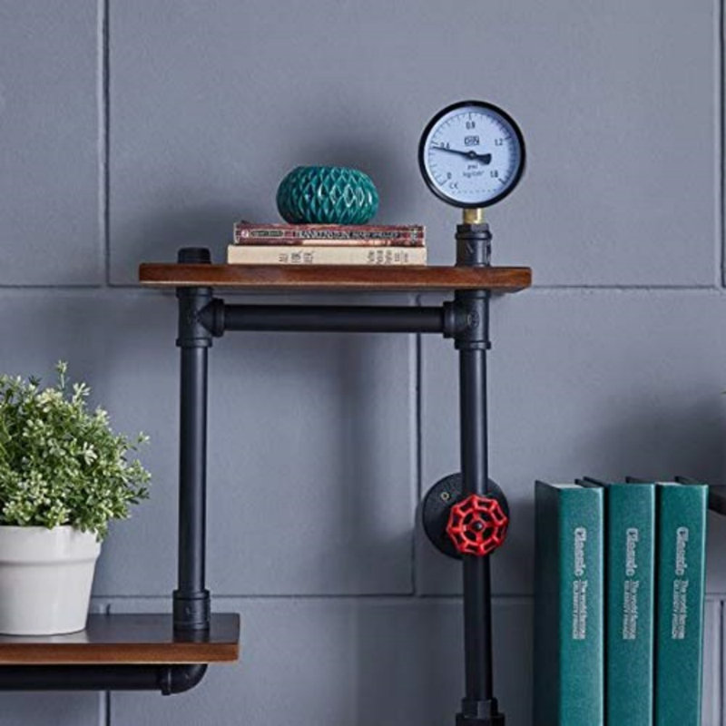 Brown Industrial Rustic Wood Ladder Pipe Wall Shelf