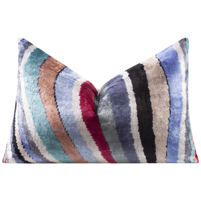 Coussin décoratif en velours fait à la main - 16 po x 24 po, teint naturellement végétal, plumes en duvet de qualité supérieure - motif rayé multicolore, décoration luxueuse
