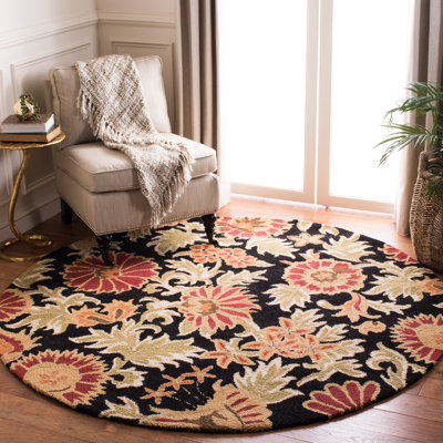 Emrick Blossom Hand Hooked Wool/Cotton/Latex Floral Rug in Black