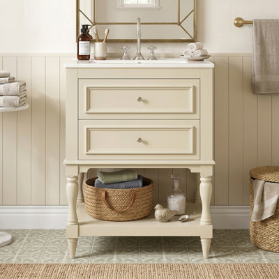Meuble-lavabo de style rétro 24 po avec lavabo en céramique standard, beige, 2 tiroirs et tablette ouverte, disposition de plomberie personnalisée, facile à nettoyer