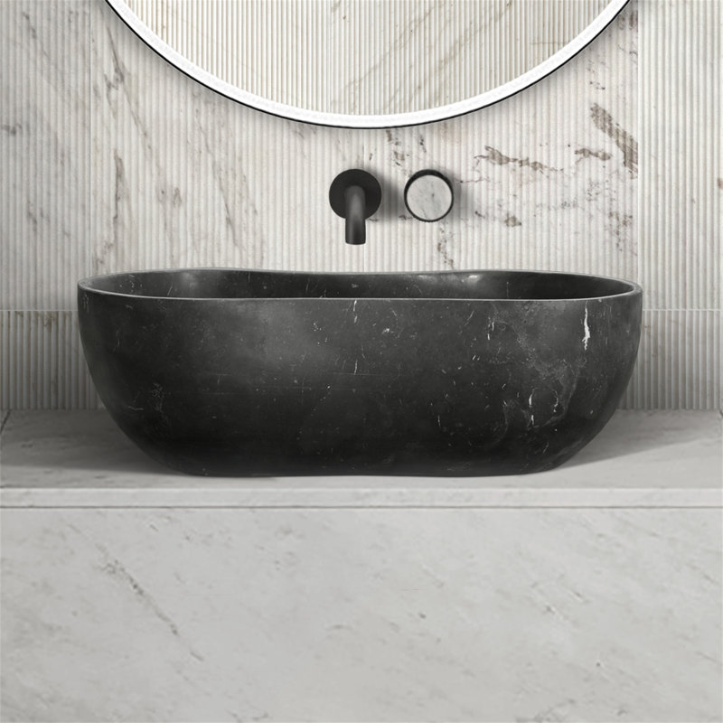 Lavabo vasque en marbre naturel luxueux gris foncé, lavabo en pierre ondulée organique de 23,6 po, lavabo monobloc massif sculpté, finition matte