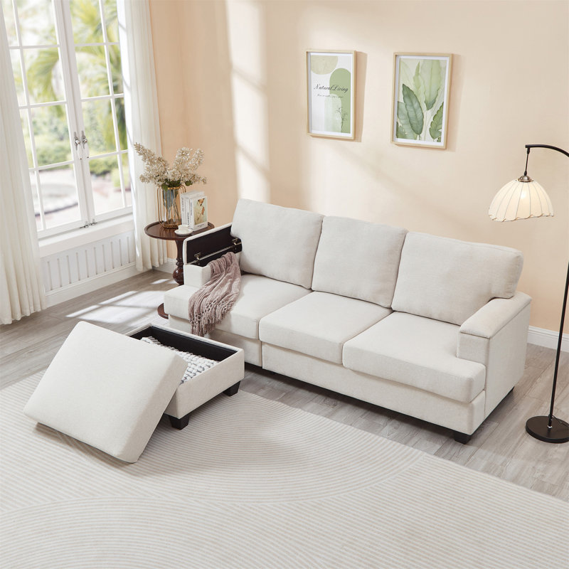 86-Inch L-Shaped Sectional Sofa, Beige Linen
