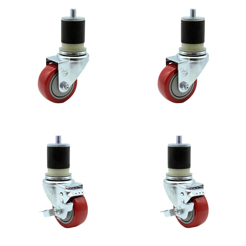 3 Inch  Polyurethane Swivel 1-7/8 Inch Expanding Stem Caster Set 2 Brake SCC/SCC-EX20S314-PPUB-2-TLB-2-MTG21, Red
