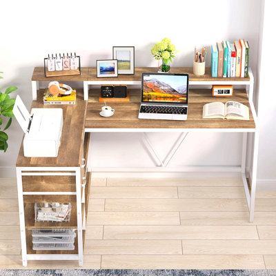 55-Inch L-Shaped Home Office Desk, Beige & White Farmhouse Writing Table with Monitor Riser, Drawers & Storage Shelves