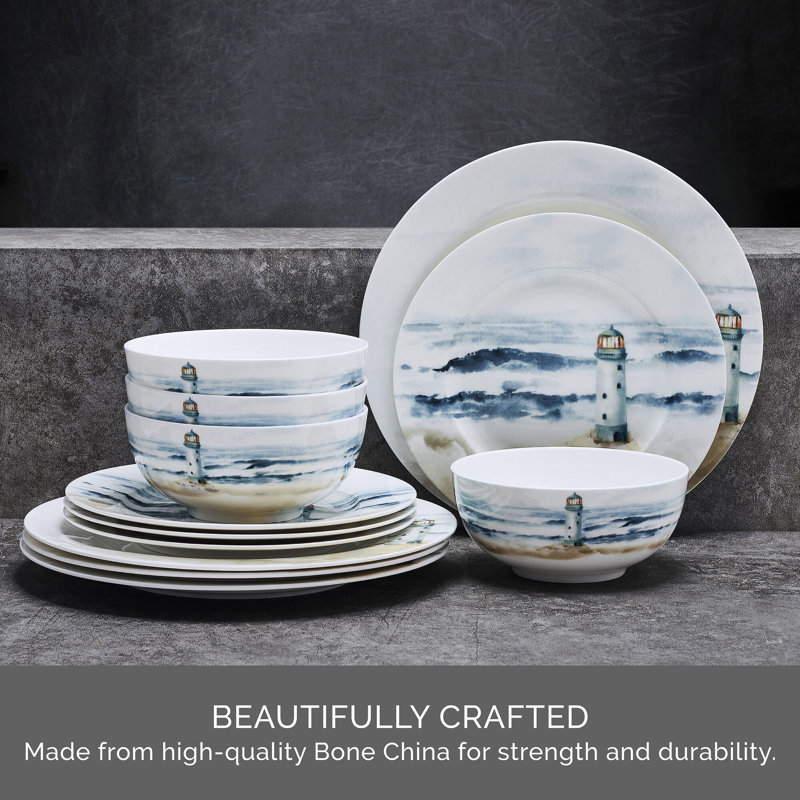 Seaside 12-Piece Lightweight Chip-Resistant Bone China Dinnerware Set, Service for 4