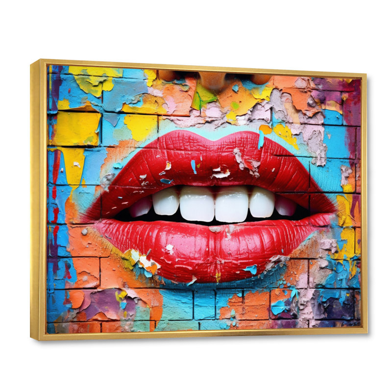 Graffiti sur les lèvres, reproduction sur toile, Cadre flottant doré, H 12 po x l 20 po x P 1 po