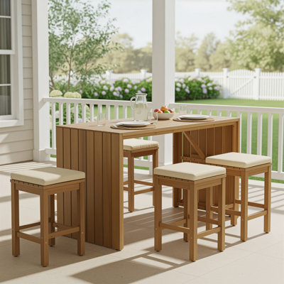 Ensemble de bar d'extérieur 5 pièces, table de bar en bois d'acacia et quatre tabourets avec coussins, ensemble de bar en bois pour la cour, le bord de la piscine, le balcon, beige