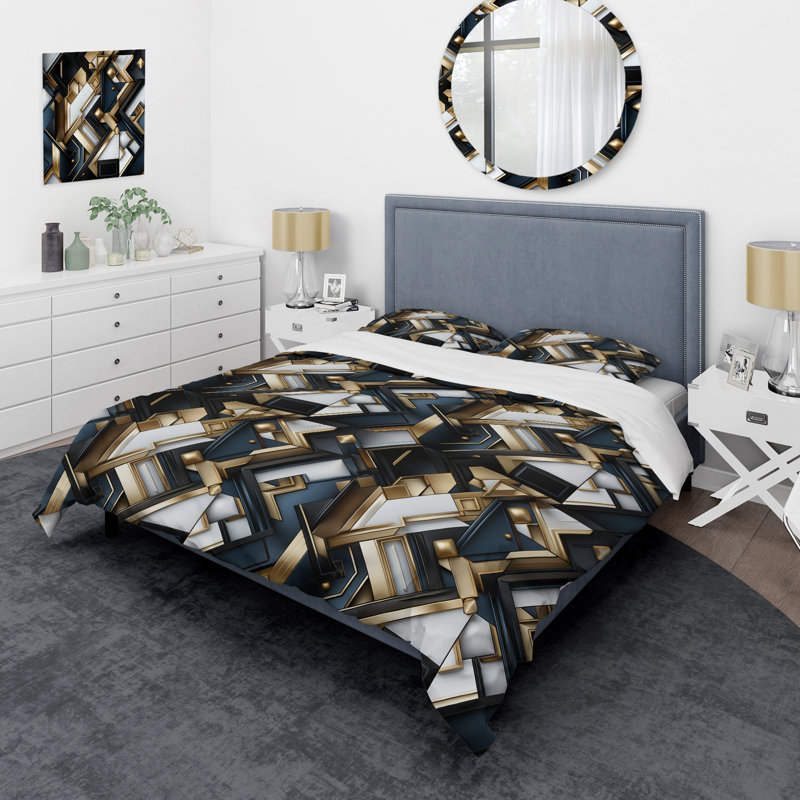 Ensemble de housse de couette géométrique noir et or Retro Mosaic Perspectives II - microfibre de polyester